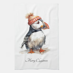 Coastal Puffin Christmas Kitchen Decor Towel