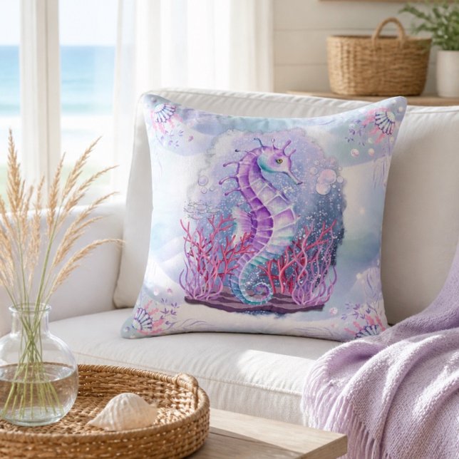 Coastal Purple Seahorse Throw Pillow (Creator Uploaded)