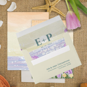 Coastal Purple Tulip Beach Floral Monogram Wedding Envelope