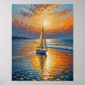 Coastal Radiant Sunset Sailboat Oil Painting Wall Poster