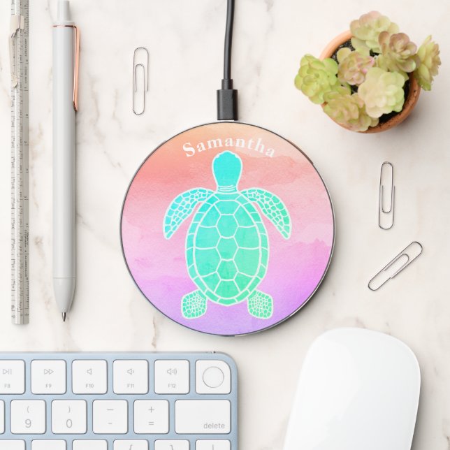 Coastal Rainbow Watercolor Ocean Sea Turtle Wireless Charger (Desk)