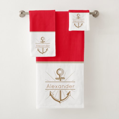 Coastal Red Anchor Nautical Monogram Name Bath Towel Set