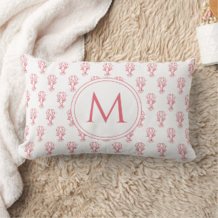 Coastal Red and White Lobsters Monogram Lumbar Pillow