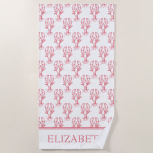 Coastal Red and White Lobsters Personalized Beach Towel