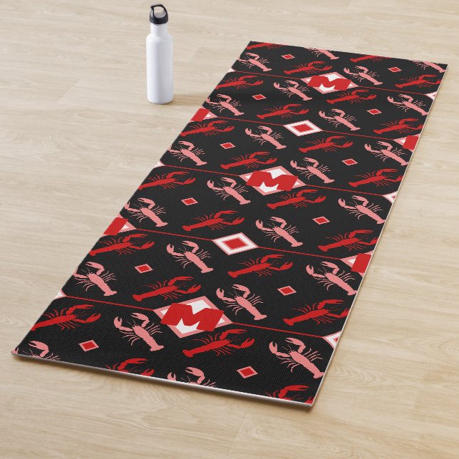 Coastal Red & Black Lobster Pattern Monogram Yoga Mat (In Situ)