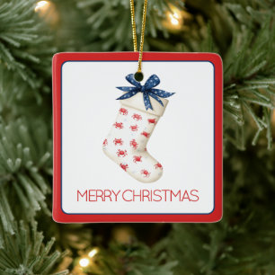 Coastal Red Crab Christmas Stocking Ceramic Ornament