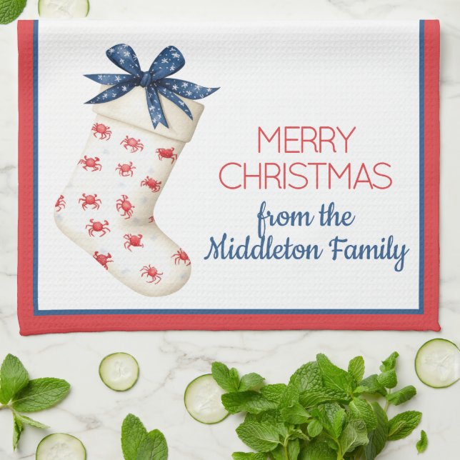 Coastal Red Crab Christmas Stocking Kitchen Towel (Folded)