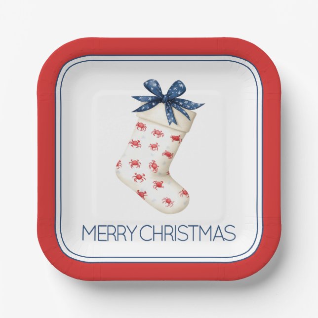 Coastal Red Crab Christmas Stocking Paper Plates (Front)