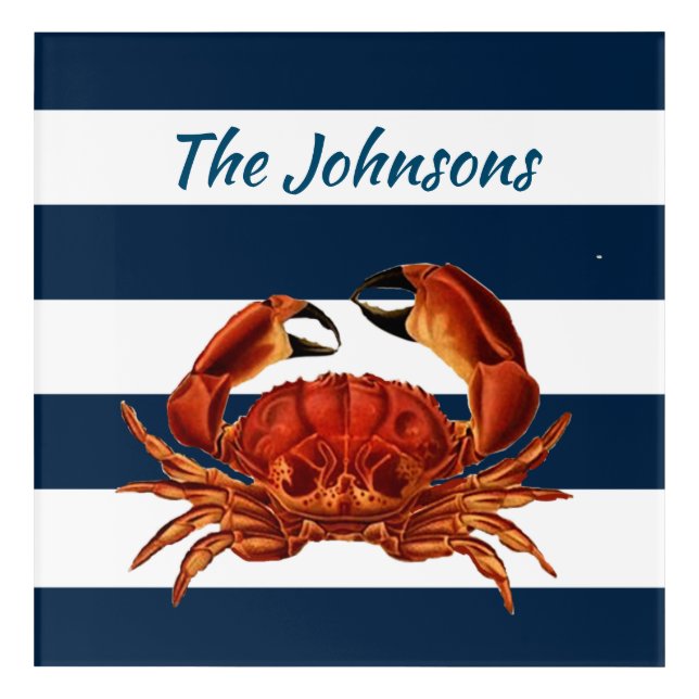 Coastal Red Crab Nautical Stripes Acrylic Print (Front)