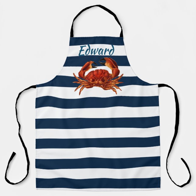 Coastal Red Crab Nautical Stripes Apron (Front)