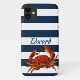 Coastal Red Crab Nautical Stripes iPhone 11 Case
