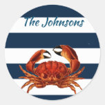 Coastal Red Crab Nautical Stripes Classic Round Sticker