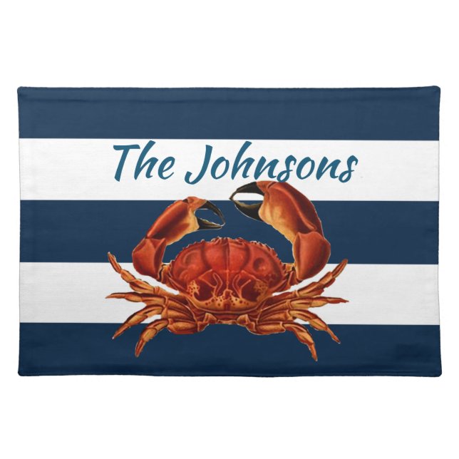 Coastal Red Crab Nautical Stripes Cloth Placemat (Front)
