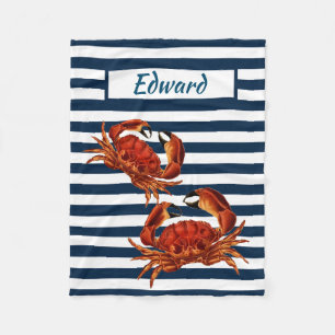Coastal Red Crab Nautical Stripes Fleece Blanket