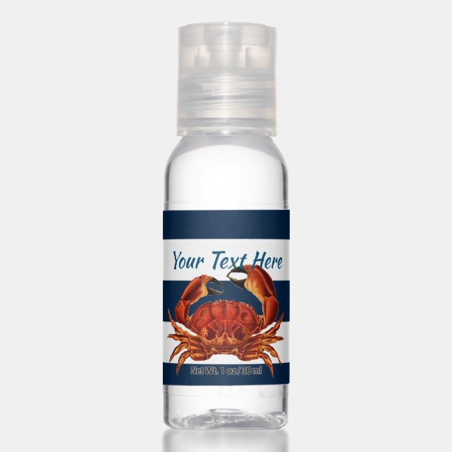 Coastal Red Crab Nautical Stripes Hand Sanitizer (Front)