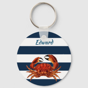 Coastal Red Crab Nautical Stripes Keychain