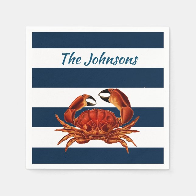 Coastal Red Crab Nautical Stripes Napkins (Front)