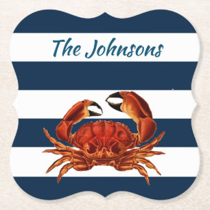 Coastal Red Crab Nautical Stripes Paper Coaster