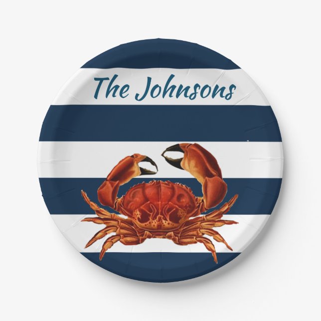 Coastal Red Crab Nautical Stripes Paper Plates (Front)