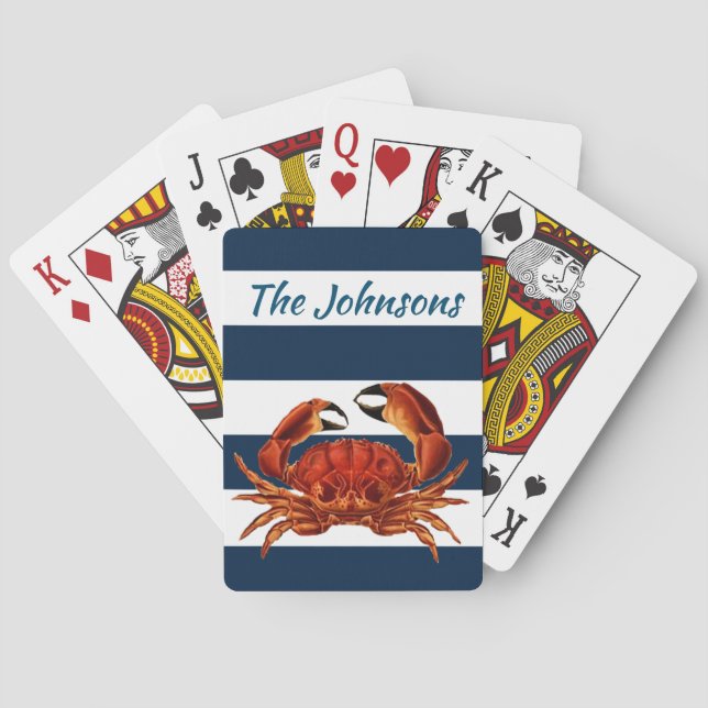 Coastal Red Crab Nautical Stripes Poker Cards (Back)