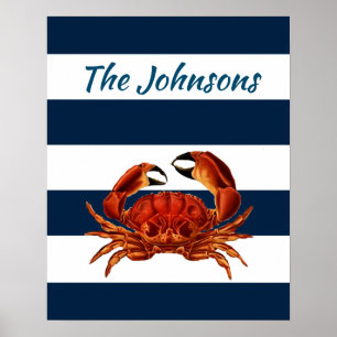Coastal Red Crab Nautical Stripes Poster