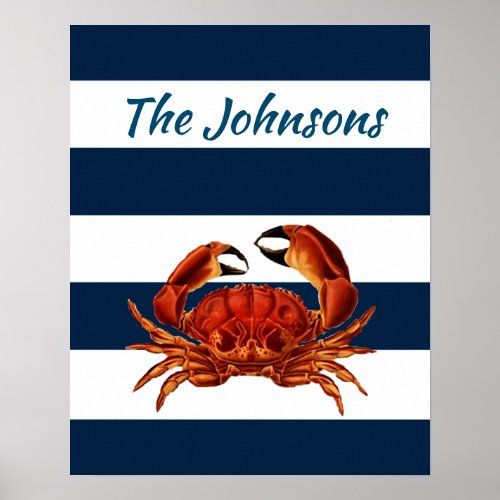 Coastal Red Crab Nautical Stripes Poster