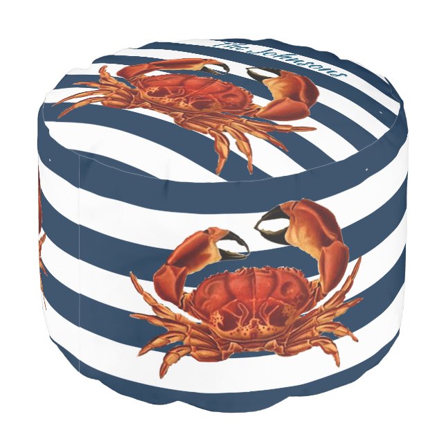 Coastal Red Crab Nautical Stripes Round Pouf (Angled Back)