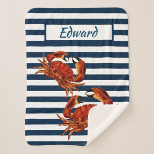 Coastal Red Crab Nautical Stripes Sherpa Blanket