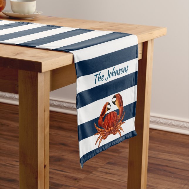 Coastal Red Crab Nautical Stripes Short Table Runner (In Situ)
