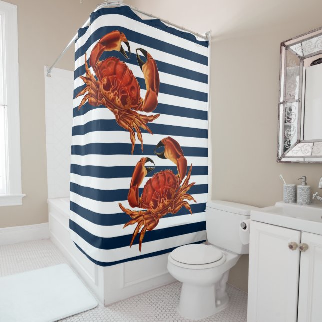 Coastal Red Crab Nautical Stripes Shower Curtain (In Situ)