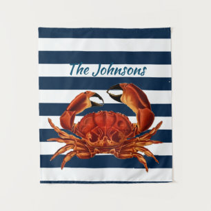 Coastal Red Crab Nautical Stripes Tapestry