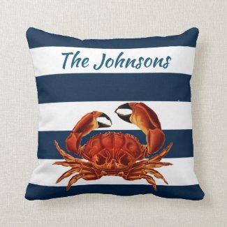 Coastal Red Crab Nautical Stripes Throw Pillow