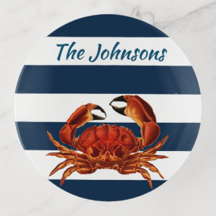 Coastal Red Crab Nautical Stripes Trinket Tray