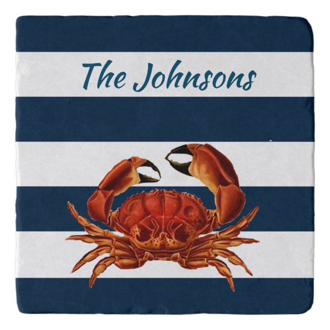 Coastal Red Crab Nautical Stripes Trivet (Front)
