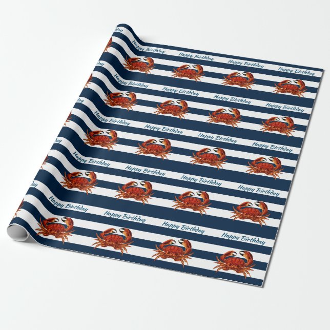 Coastal Red Crab Nautical Stripes Wrapping Paper (Unrolled)