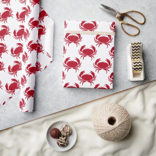 Coastal Red Crab Pattern On White Wrapping Paper