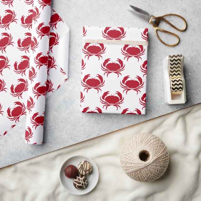 Coastal Red Crab Pattern On White Wrapping Paper (Crafts)