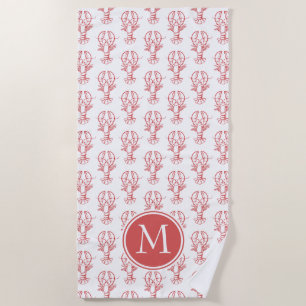 Coastal Red Lobsters on White Monogram Beach Towel