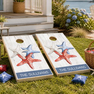 Coastal Red White Blue Starfish Family Name Cornhole Set