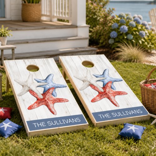 Coastal Red White Blue Starfish Family Name  Cornhole Set