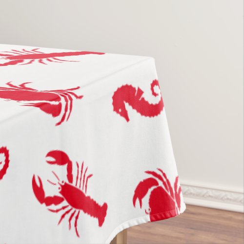 Coastal red white lobster crab seahorse pattern tablecloth