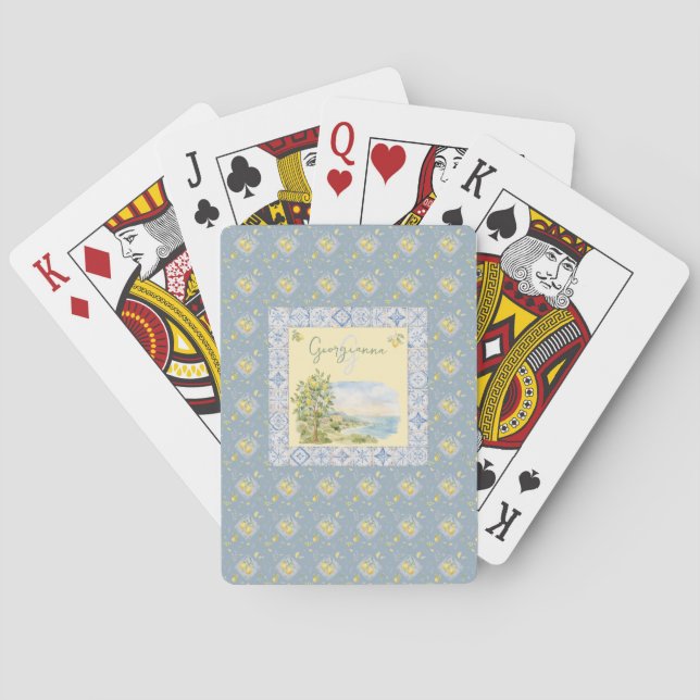 Coastal Riviera Monogram Tile Lemon Pattern Poker Cards (Back)
