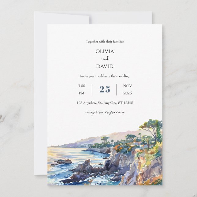 Coastal Rocky Cove Golden Sunset Beach Wedding Invitation (Front)