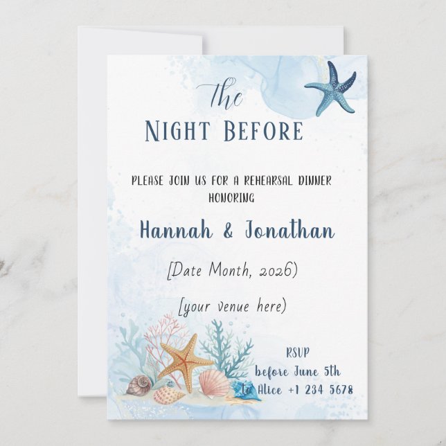 Coastal Romance Wedding Rehearsal Dinner Invitation (Front)