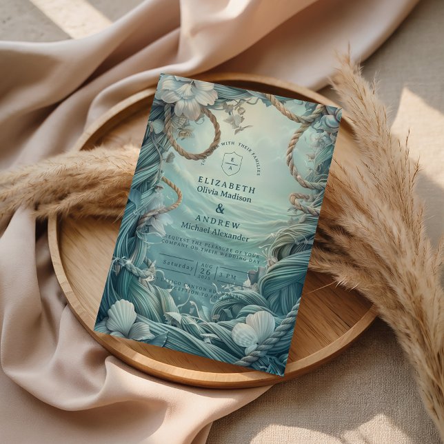 Coastal Rope Botanical Ocean Wedding Invitation (Creator Uploaded)