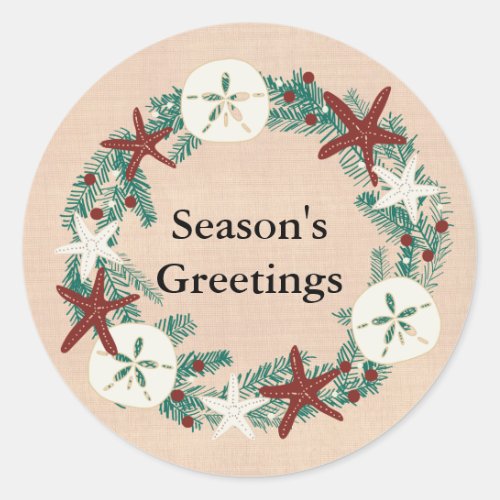 Coastal Rustic Beach Christmas Holiday Wreath Classic Round Sticker