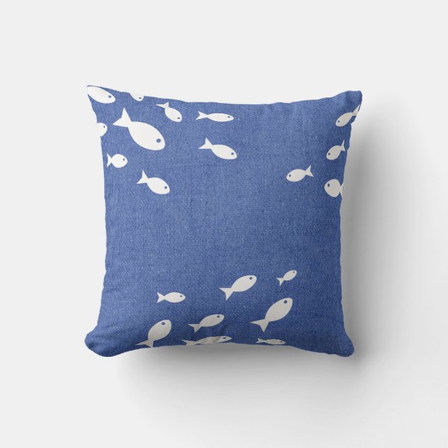 Coastal Rustic Blue Faux Burlap & White Fish Throw Pillow (Front)