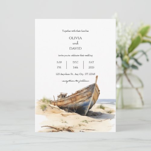 Coastal Rustic Shipwreck Shoreline Beach Wedding  Invitation