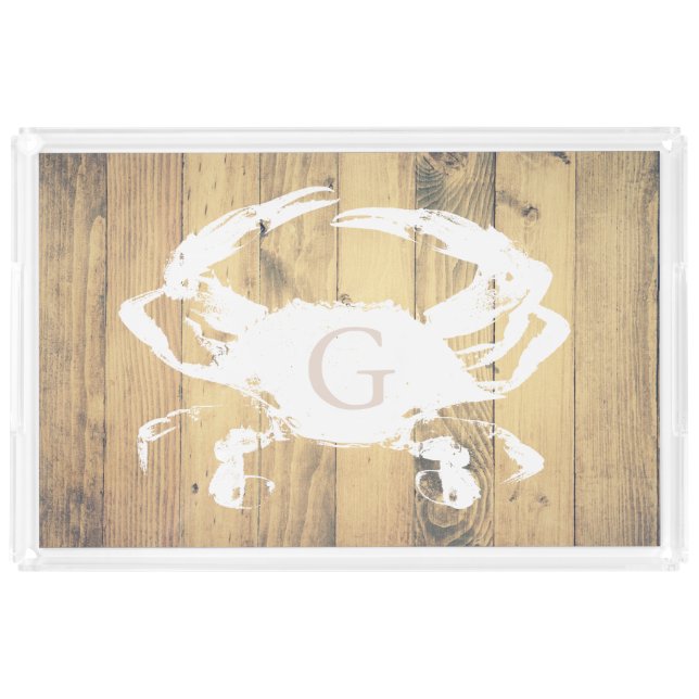 Coastal Rustic Wood Planks White Crab | Monogram Acrylic Tray (Front)