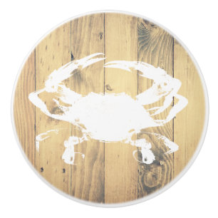Coastal Rustic Wood Planks White Crab   Monogram Ceramic Knob